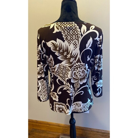 AGB Blouse Size XL Faux Wrap Style Top Brown White Design + Stretch 3/4 Sleeves - Picture 5 of 10